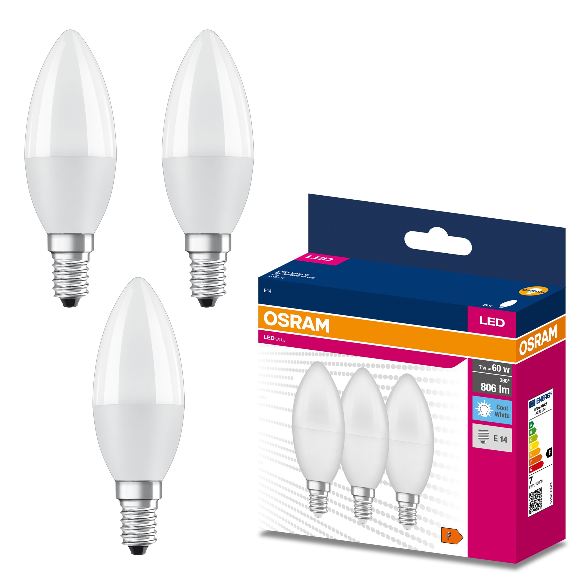 Fotografie Set 3 becuri LED Osram, E14, 7W (60W), 806 lm, lumina neutra (4000K), clasa energetica F