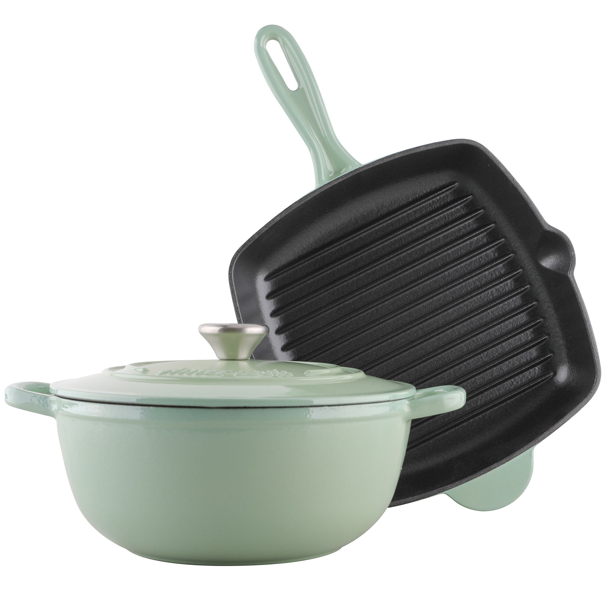 Fotografie Set 3 piese tigaie grill si oala cu capac Amercook IPot, fonta emailata, inductie, turcoaz