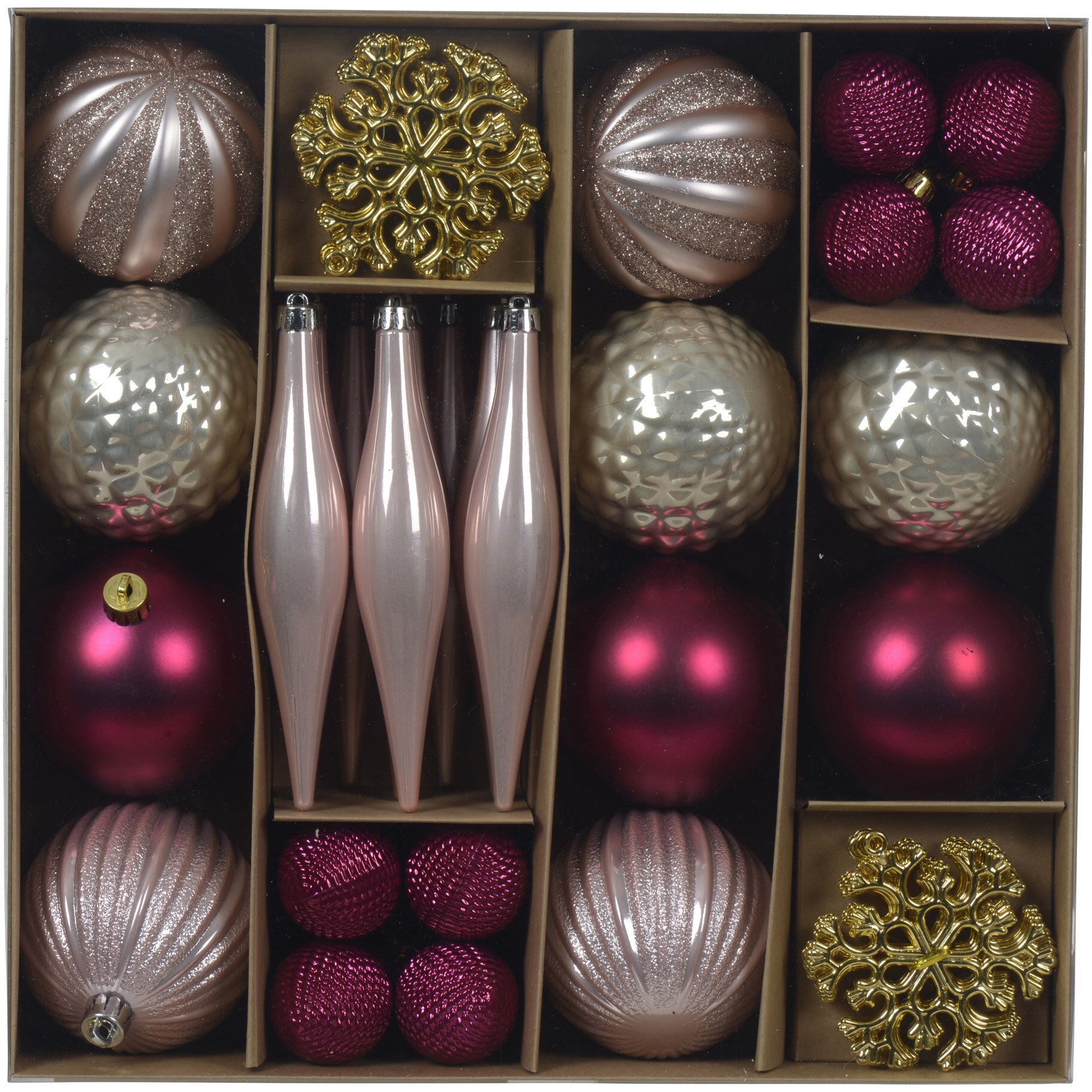Fotografie Set 46 globuri asortate Decoris, diverse marimi si forme, roz/rosu/auriu