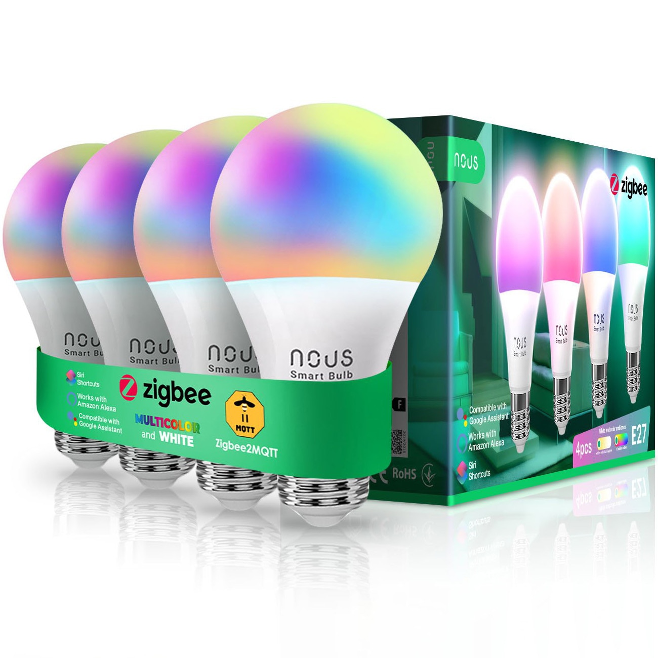 Fotografie Set 4 becuri LED RGB inteligente Nous P3Z, ZigBee, E27, 9W, 810 lm, lumina alba si colorata, clasa energetica F