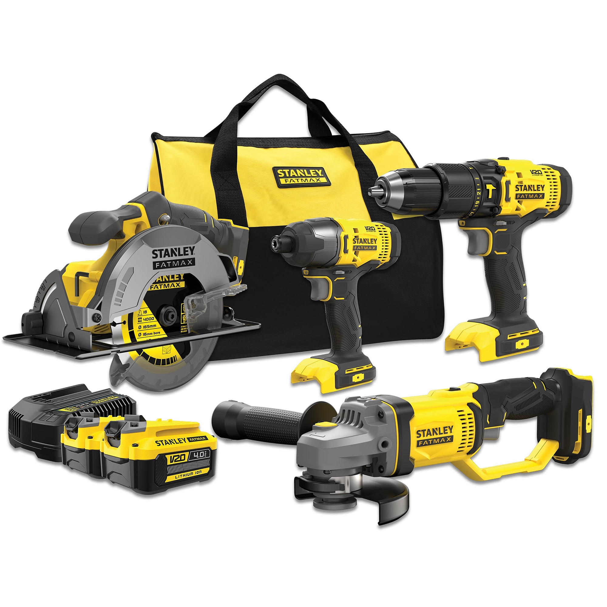 Fotografie Set 4 scule profesionale STANLEY FatMax SFMCK469M2, 18V V20, masina de gaurit cu percutie SFMCD711, masina de insurubat SFMCF800, polizor unghiular SFMCG400, fierastrau circular SFMCS500, 2x acumulator Li-Ion 4 Ah, geanta material textil