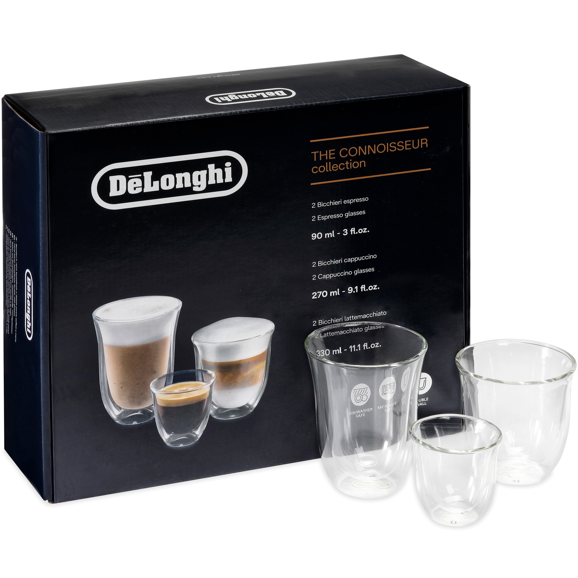 Fotografie Set 6 pahare De’Longhi mix The Connoisseur Collection, 2x60ml, 2x190ml, 2x220ml, sticla termorezistenta, transparente, perete dublu