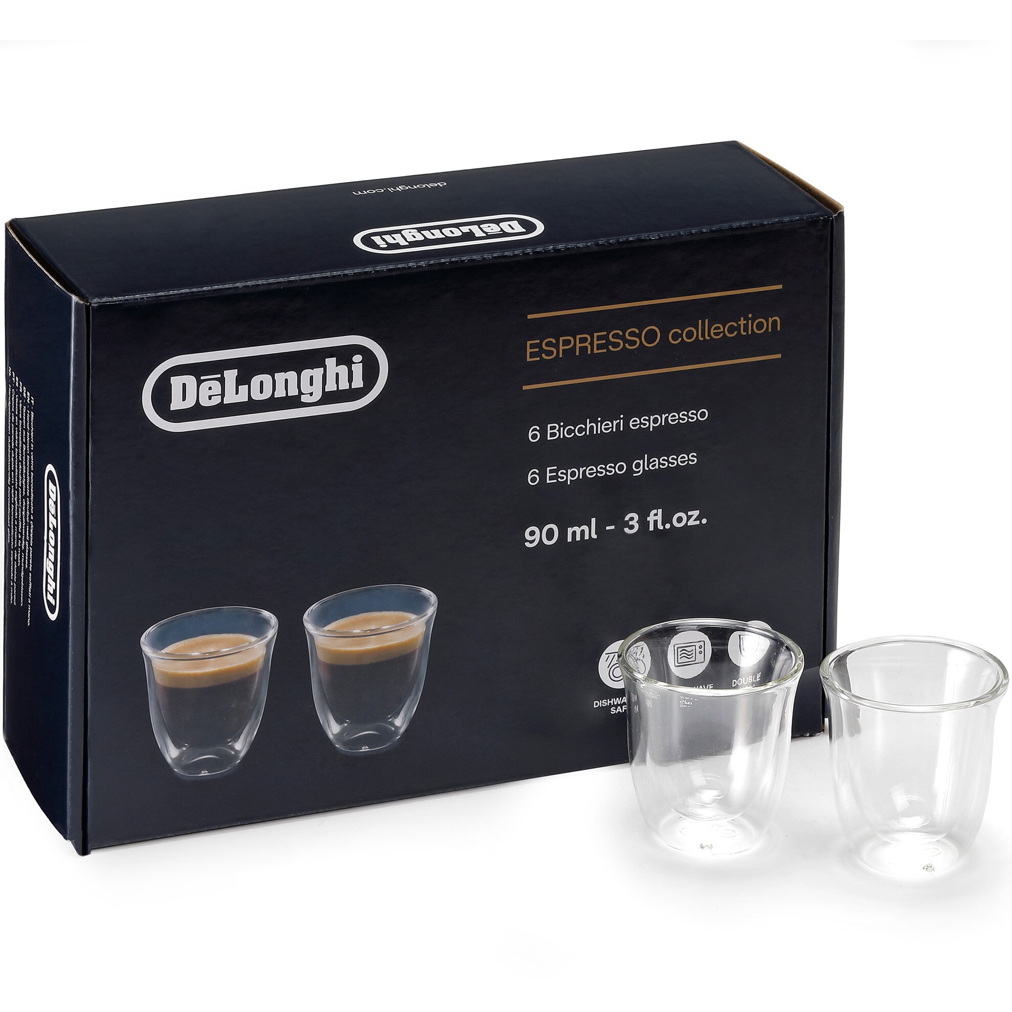 Fotografie Set 6 pahare espresso De'Longhi Essential Collection, 6x90ml, Sticla termorezistenta, Transparente, Perete dublu