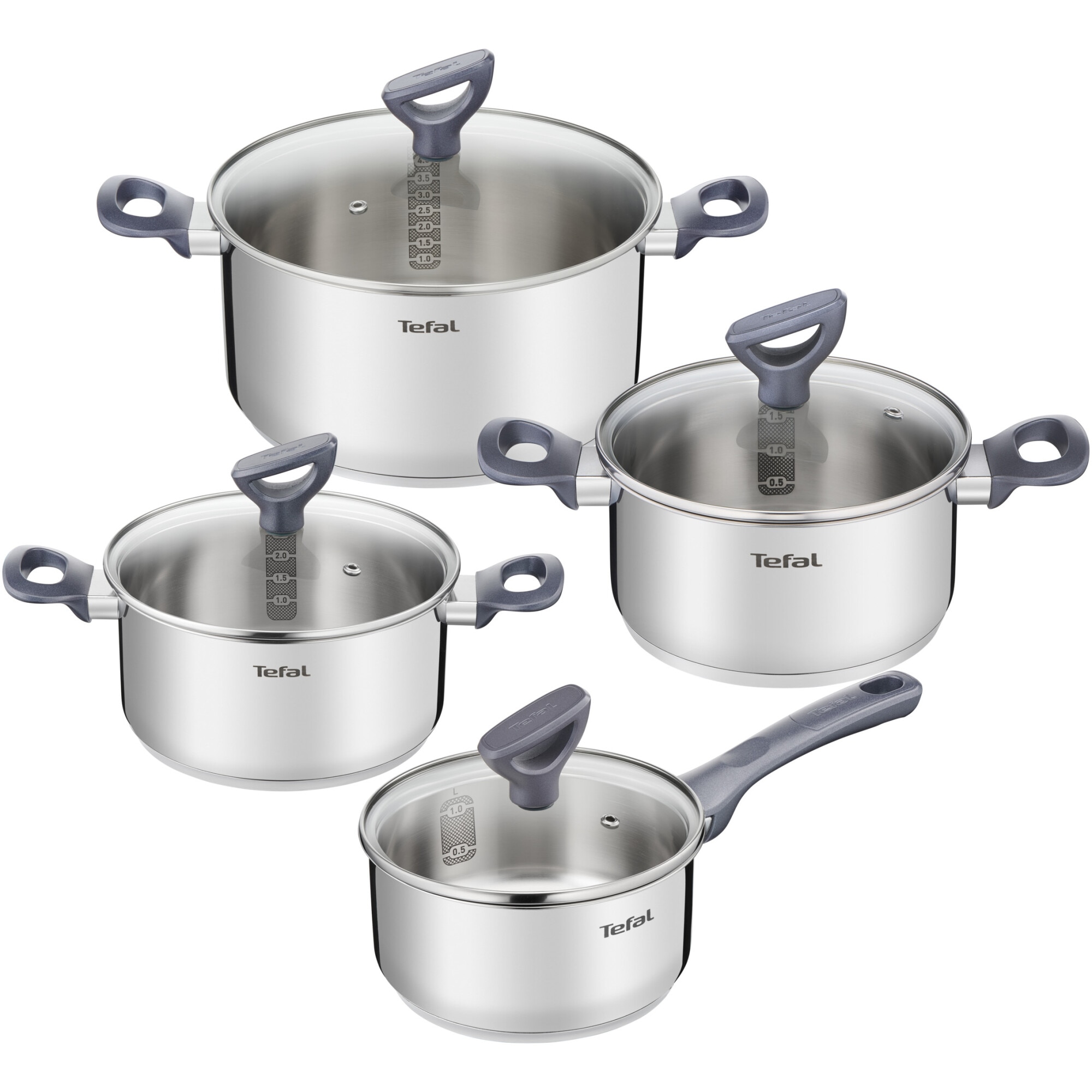 Fotografie Set 8 piese Tefal Daily Cook, inductie, cratita de 16 cm, oala de 18/20/24 cm, 4 capace de sticla cu design inteligent, manere ergonomice, interior gradat, inox premium, argintiu