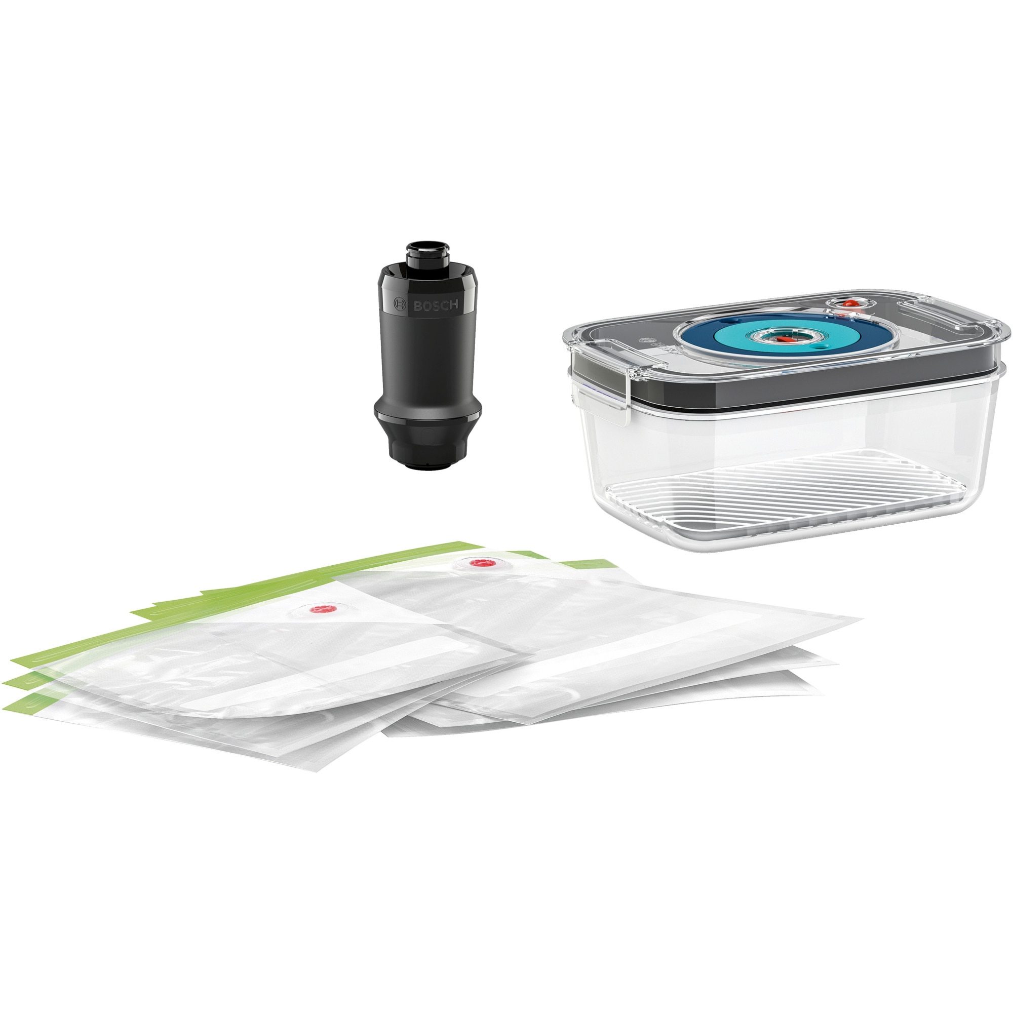 Fotografie Set accesorii blender de mana ErgoMixx Bosch cu vacuum: pompa vacuum, casoleta pt vacuumare, 3 pungi mici si 3 pungi mari pt vacuum.