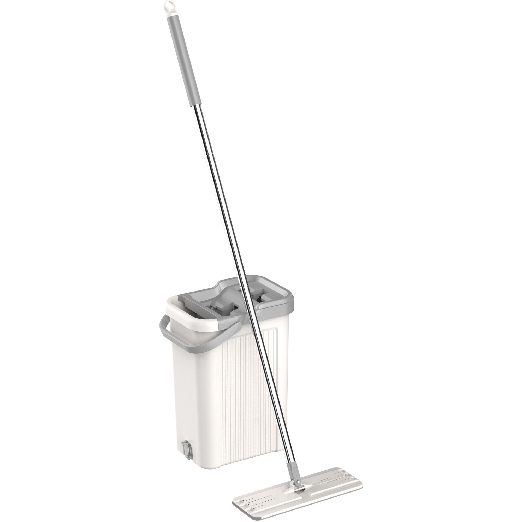 Fotografie Set de curatenie Kring New Clear, 7.5L, galeata doua compartimente ( clatire + stoarcere), maner telescopic si mop plat + o rezerva, Alb/Gri