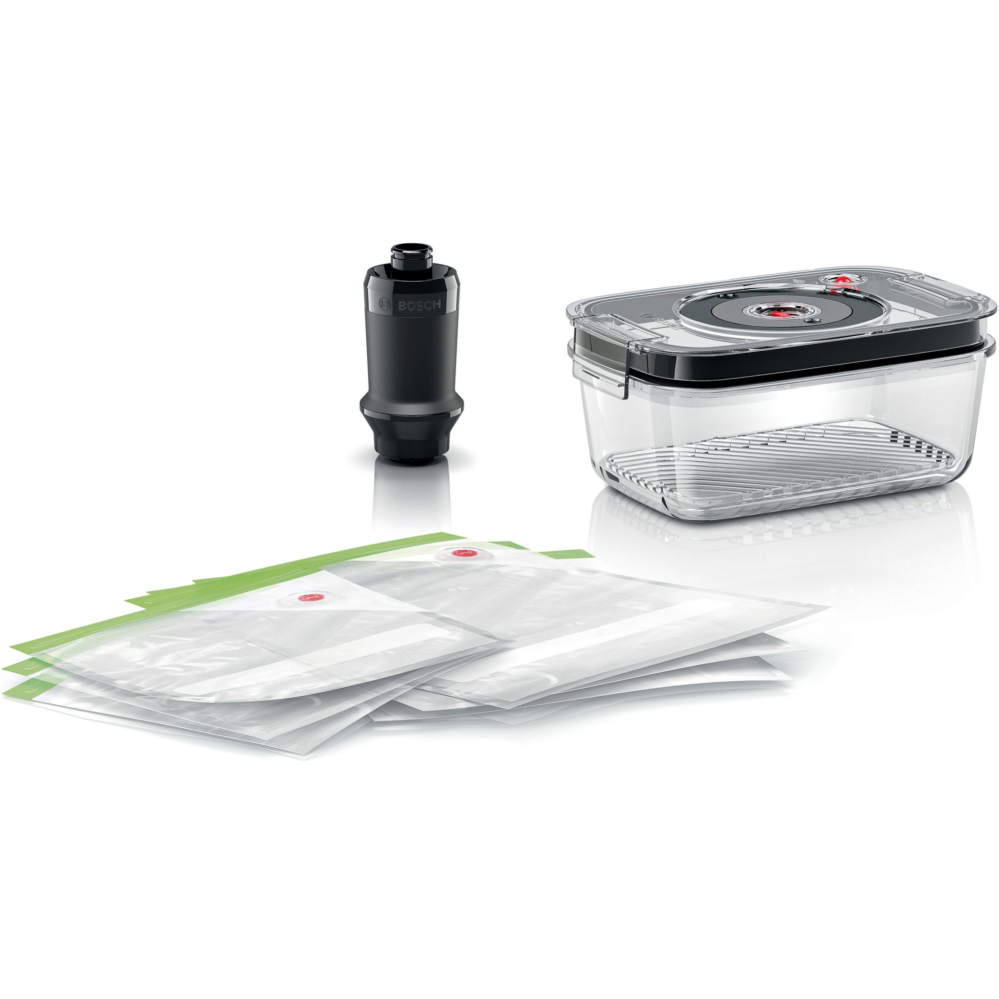 Fotografie Set depozitare vacuum Bosch: casoleta sticla, pompa vidare, 3 pungi mici si 3 pungi mari