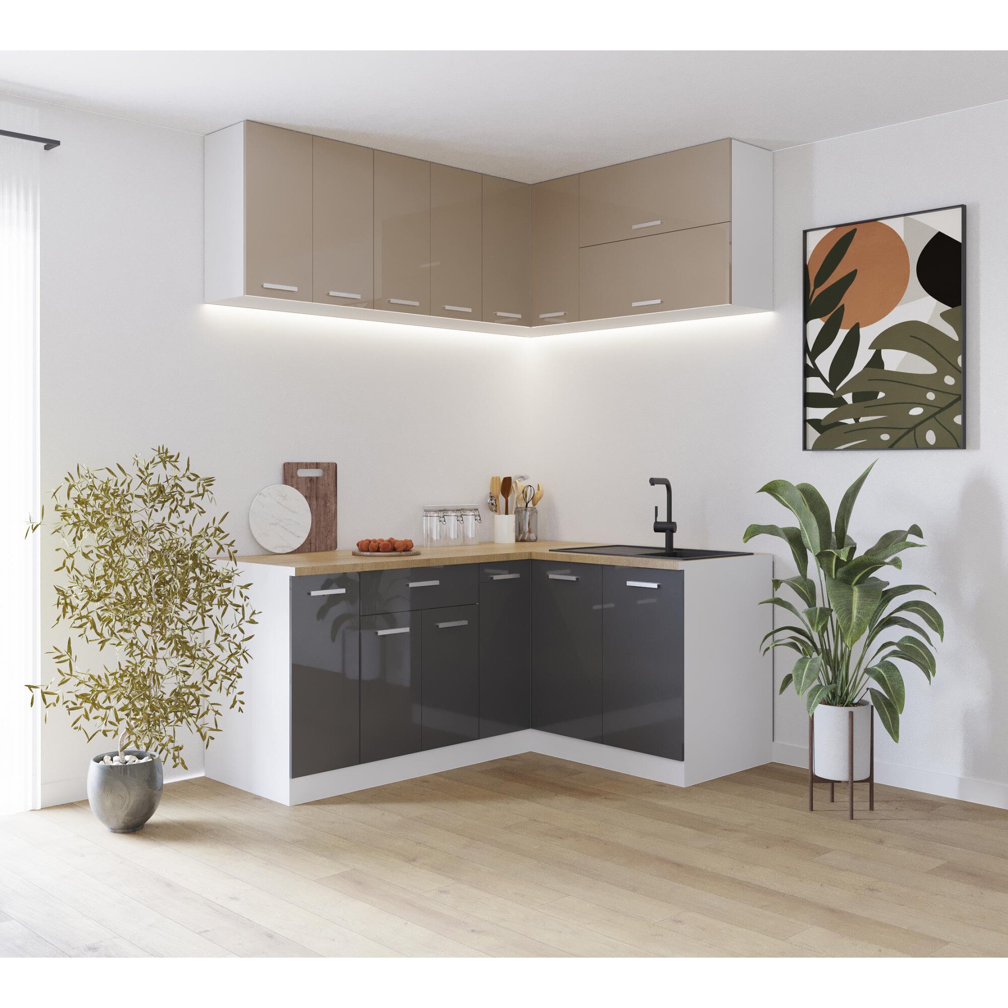 Fotografie Set Mobila Bucatarie de colt KringX Harmony, 9 module, 120/200x195x60cm,usi MDF, culoare Capucino Sidefat lucios / Antracit Sidefat, montaj reversibil, balamale cu amortizare