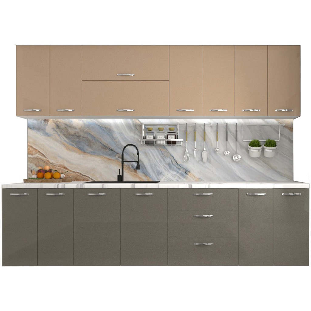 Fotografie Set Mobila Bucatarie KringX Touch, 260x190x60 cm, MDF, culoare capucino sidefat lucios, Antracit sidefat
