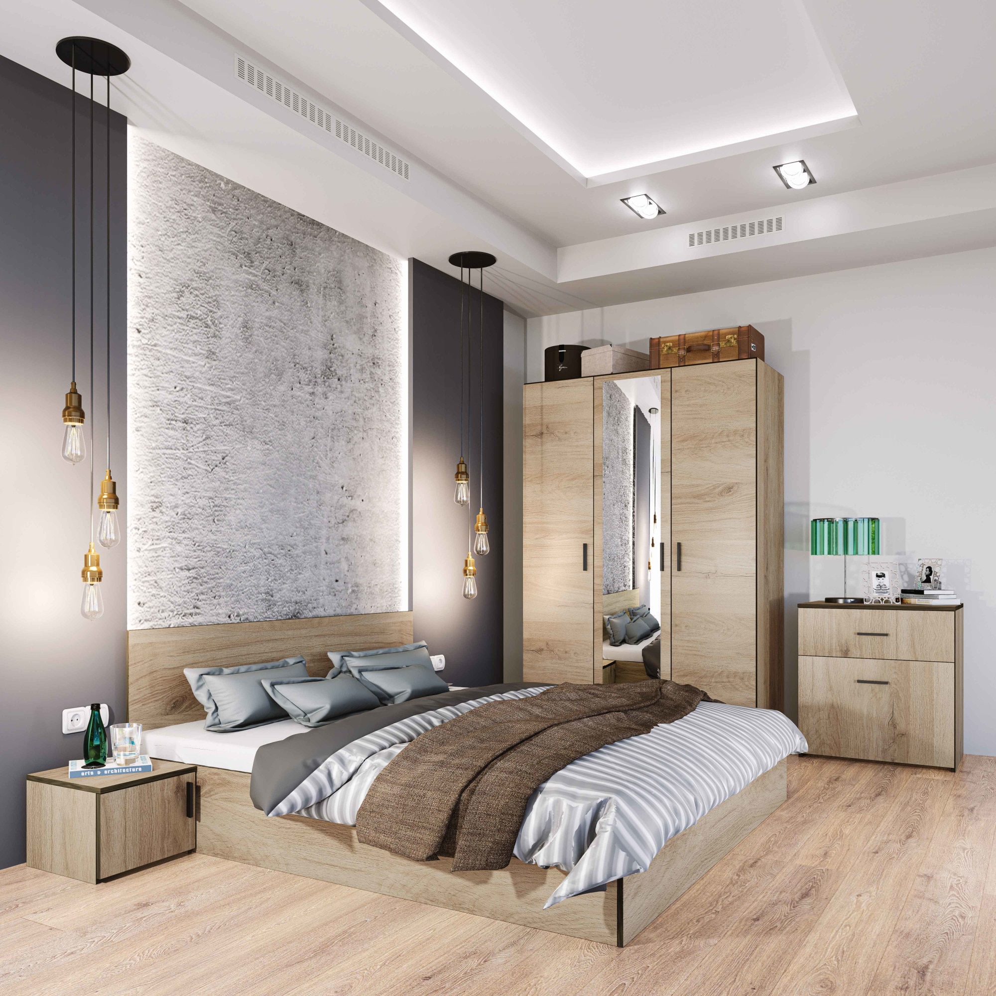 Fotografie Set Mobila Dormitor Irim Treff , Pat 160x200 cm, Dulap, 2 Noptiere, Comoda, Culoare Castan