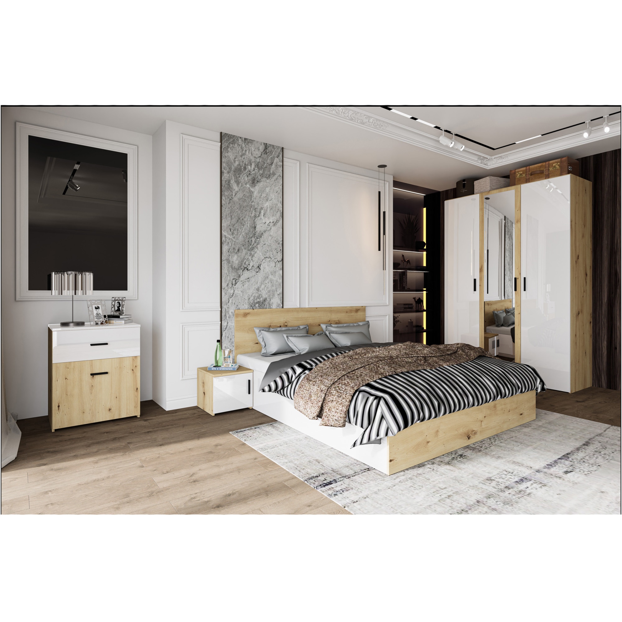 Fotografie Set Mobila Dormitor Irim Treff , Pat 160x200 cm, Dulap, 2 Noptiere, Comoda, Culoare stejar/alb
