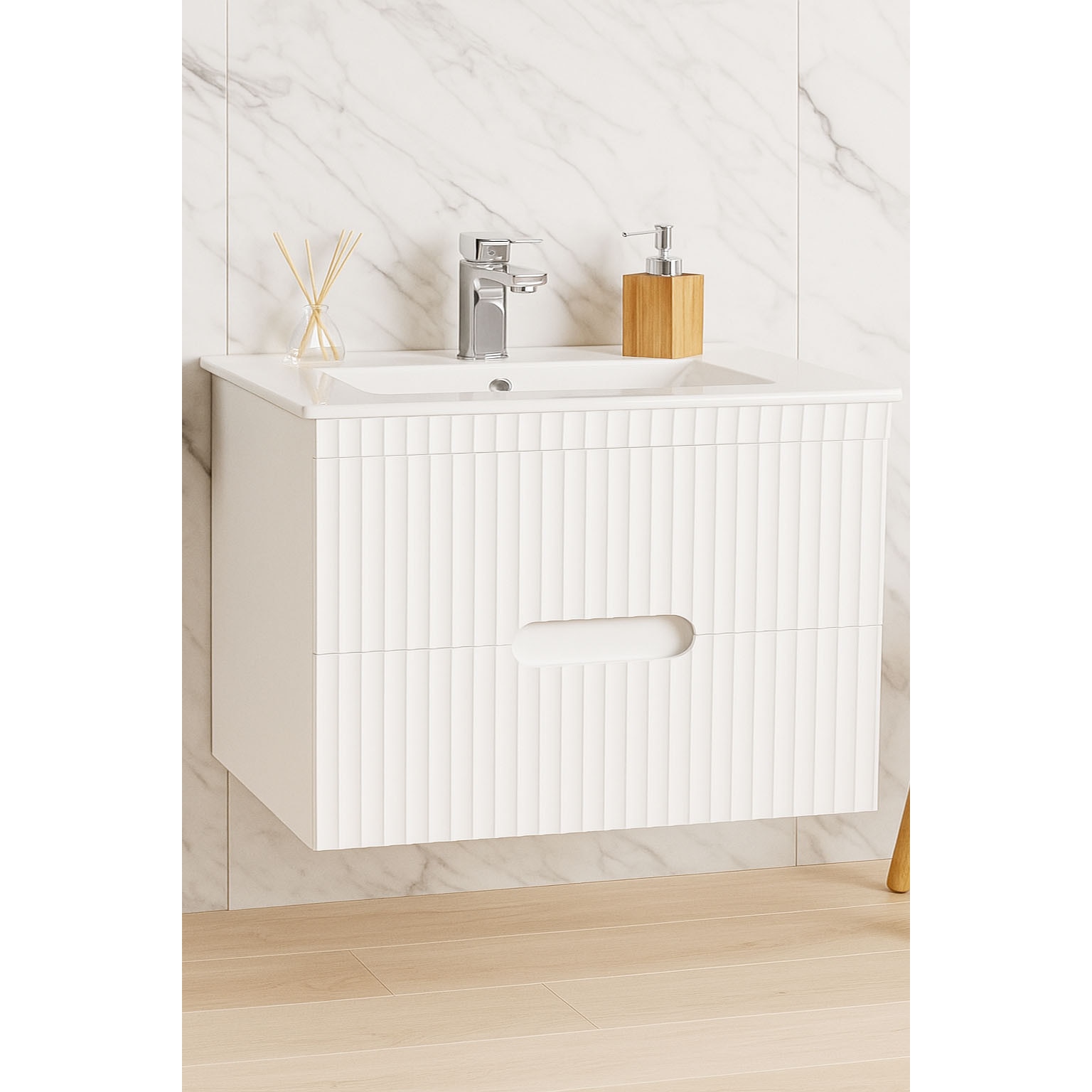 Fotografie Set mobilier baza cu lavoar, seria 009, 80cm, suspendat cu sertare, Badenmob, alb