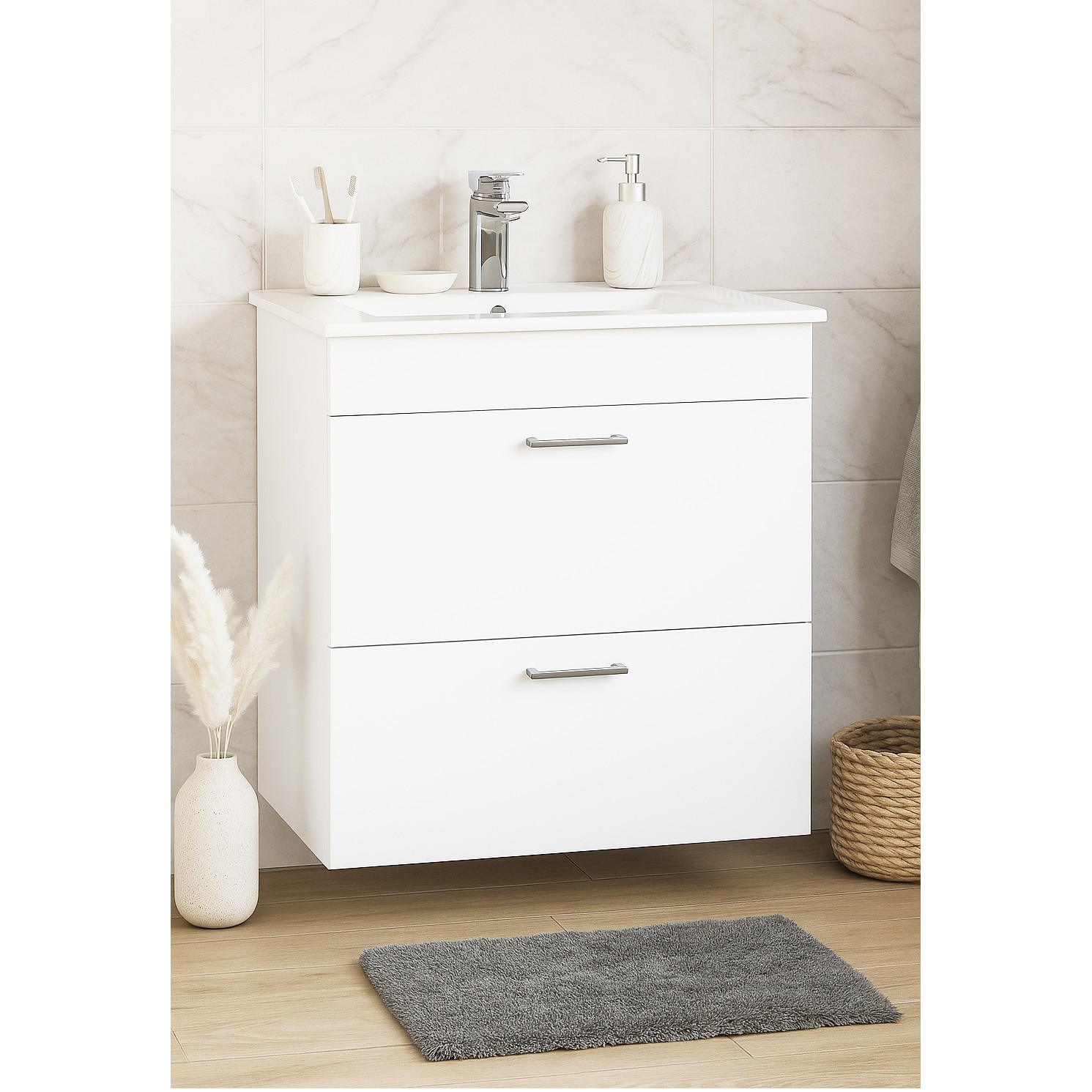Fotografie Set mobilier baza si lavoar Badenmob seria 067, suspendat, cu sertare, 60x46x52cm, Alb