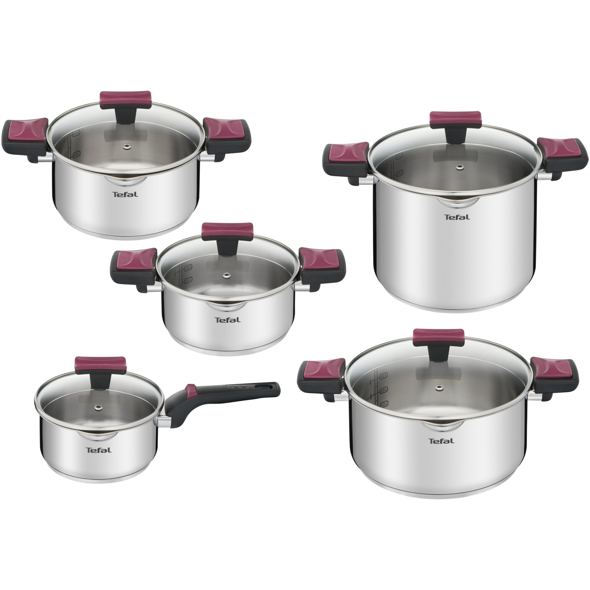 Fotografie Set oale cu capac Tefal Cook & Clip, 10 piese, inductie, 16 - 24 cm, 1.5L/2L/2.9L/6L/5L, otel inoxidabil, sistem Easy-Lock, capac cu turnare si suport pentru polonic, argintiu