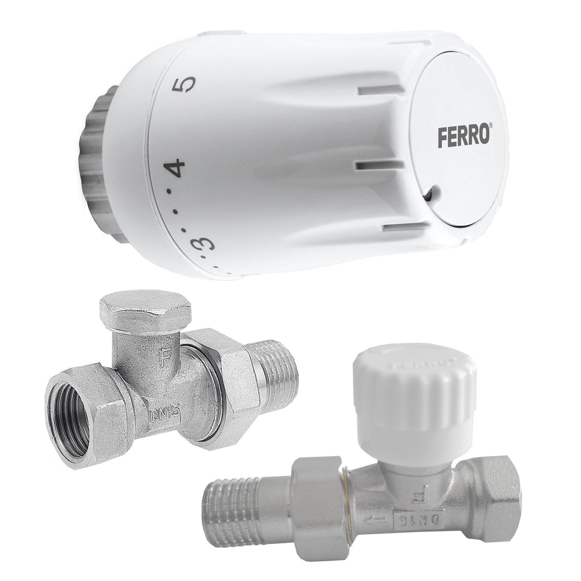 Fotografie Set robineti radiator Ferro, drepti 1/2" tur termostatic + retur + cap termostat GT11