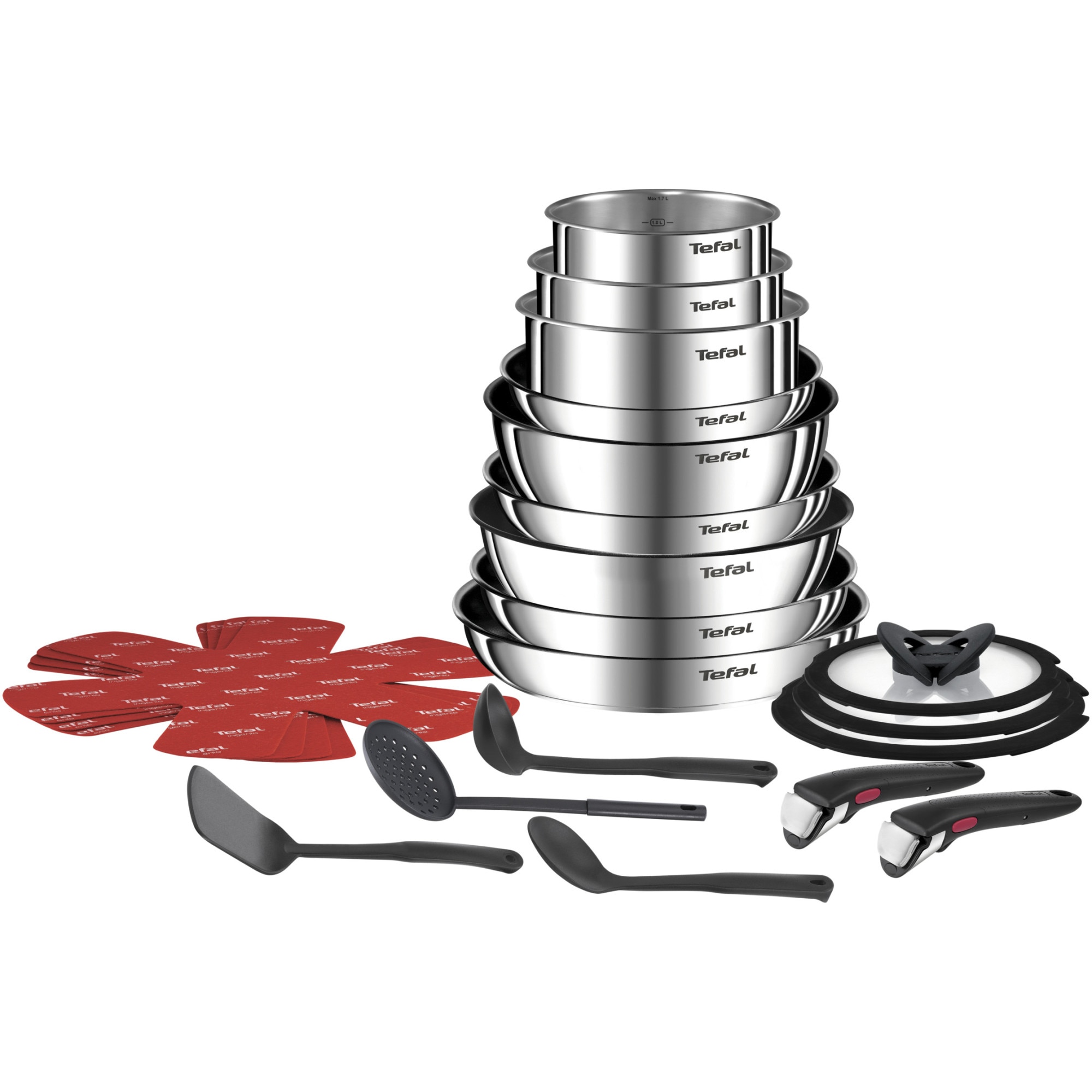Fotografie Set vase 22 piese Tefal Ingenio Emotion, inductie, oala 24 cm, tigaie Wok 26 cm, tigaie 22/24/26/28 cm, cratita 16/18/20 cm, capac sticla 16/18/20 cm, 2 manere detasabile, 4 protectii termice, 4 ustensile, inox, argintiu