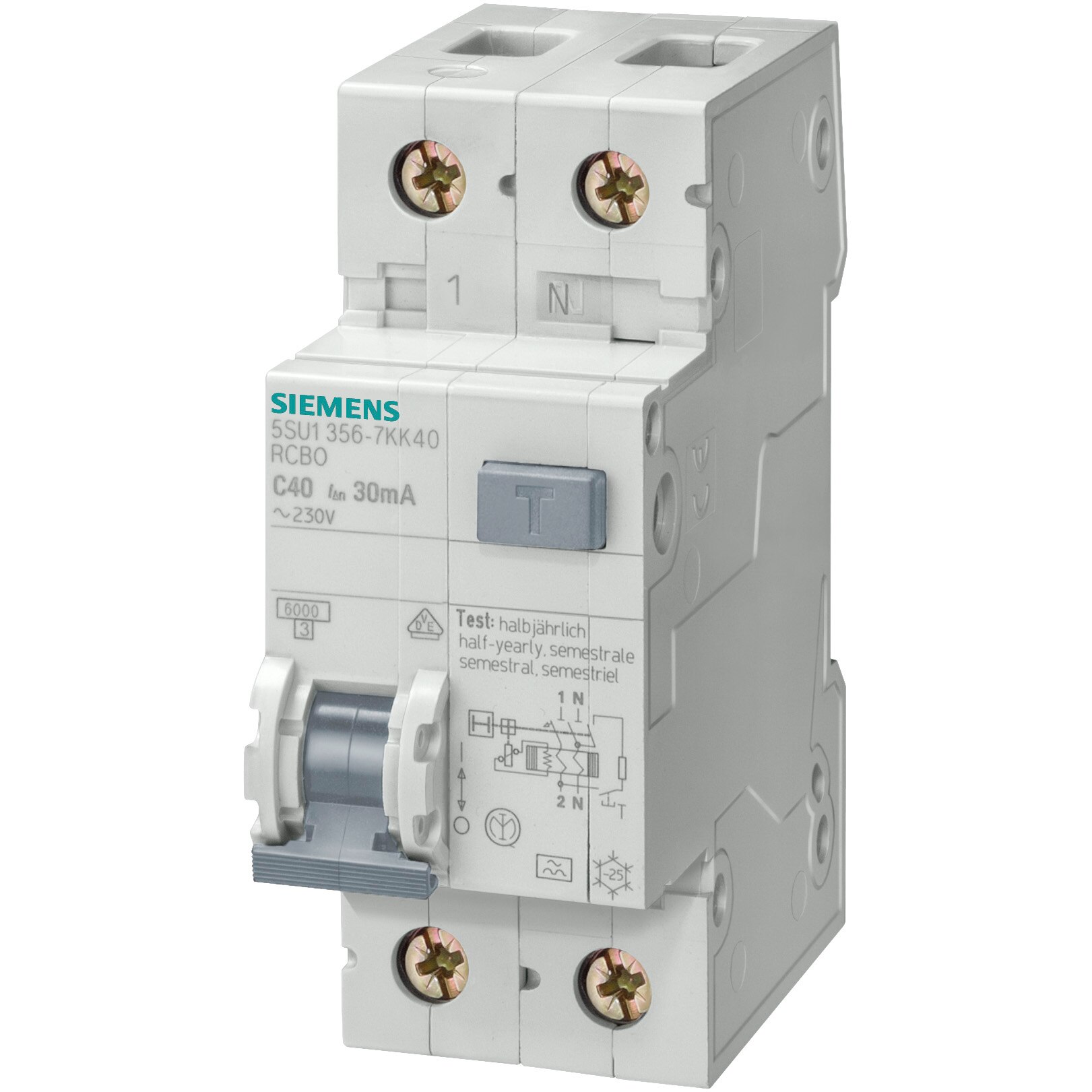 Fotografie Siguranta electrica automata diferentiala Siemens 5SU1353-1KK16, RCBO, 2 module, 1P+N, caracteristica C, 16A, 30mA