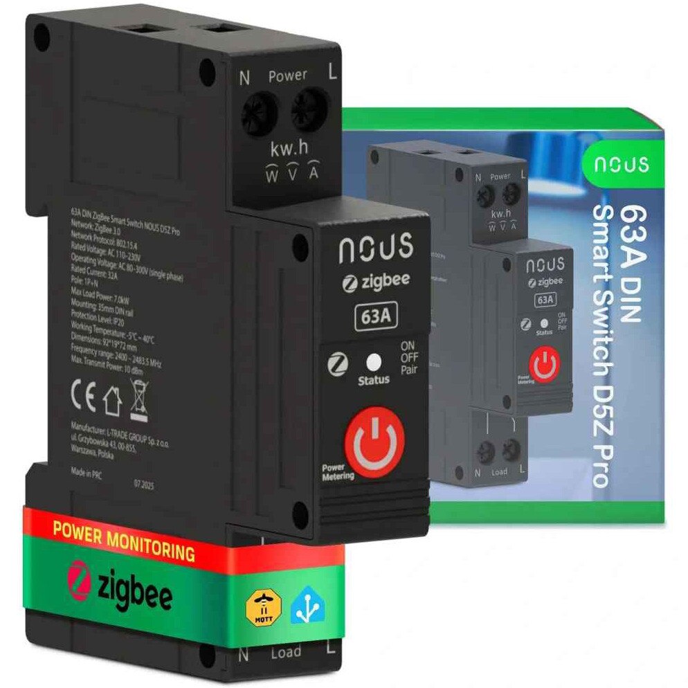 Fotografie Siguranta Smart NOUS D5Z Pro, 32 A Continuu, 63 A Varf Scurt, Zigbee 3.0, 1 canal, monitorizare energie (W, kWh, V, A), monitorizare consum, montare pe sina DIN
