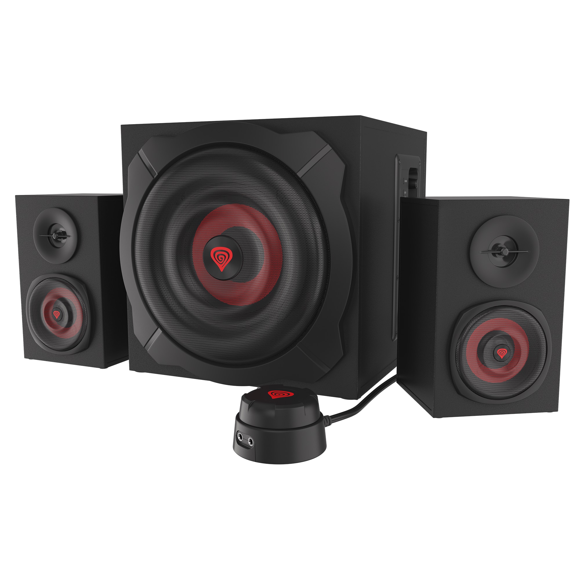 Fotografie Sistem audio Genesis HELIUM 610BT, putere maxima RMS 60W, frecventa raspuns 40 - 20000 Hz, conectivitate mini jack, bluetooth 4.2, material lemn, negru/rosu