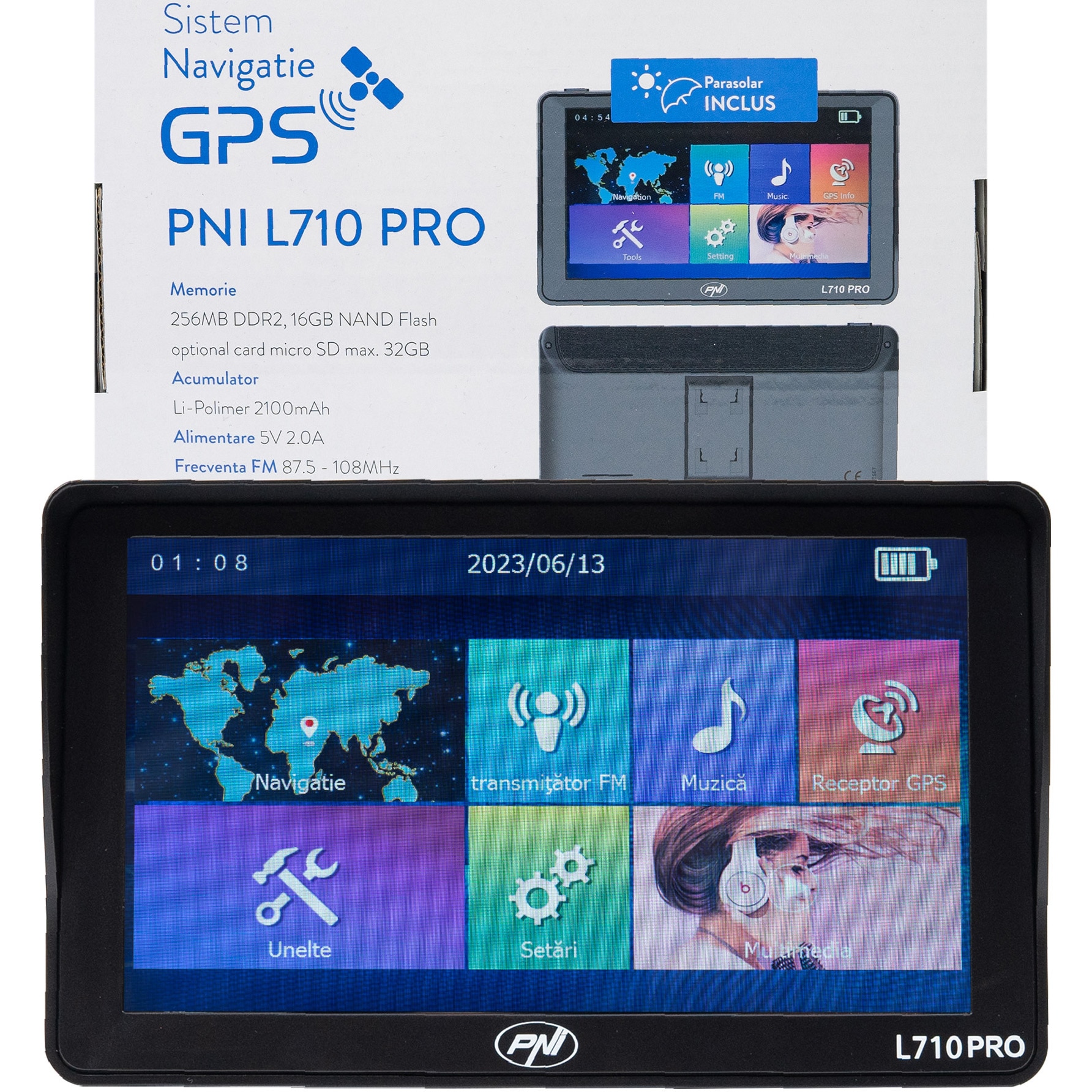 Fotografie Sistem de navigatie GPS PNI L710 PRO cu parasolar, 7 inch, 800 MHz, 256MB DDR, 16GB memorie interna, FM transmitter, cu doua alimentatoare auto incluse