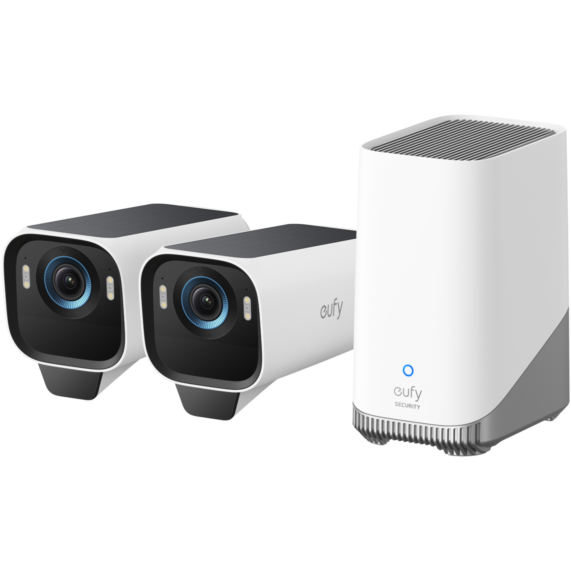 Fotografie Sistem de supraveghere wireless eufyCam S3 Pro HomeBase 3 cu 2 camere eufy S3 Pro, 8MP, 4K UHD 3840x2160, Max Color Night Vision, Panou Solar Integrat, AI Face Recognition, Smart Detection, Two-Way Audio, Alarma