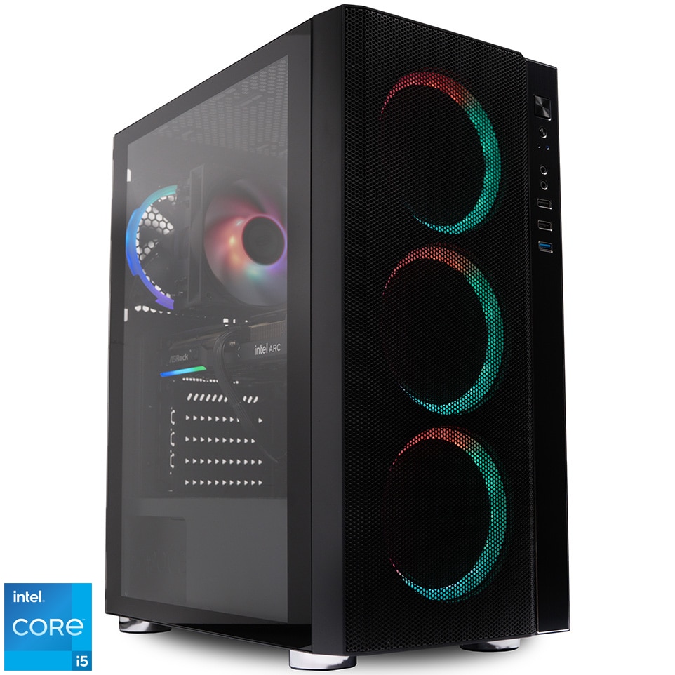 Fotografie Sistem Desktop PC Gaming Spacer IronFist cu procesor Intel® Core™ i5-12400F pana la 4.4GHz, 16GB DDR4, 512GB SSD, AsRock INTEL ARC B580 CHALLENGER 12GB GDDR6, No OS, Negru