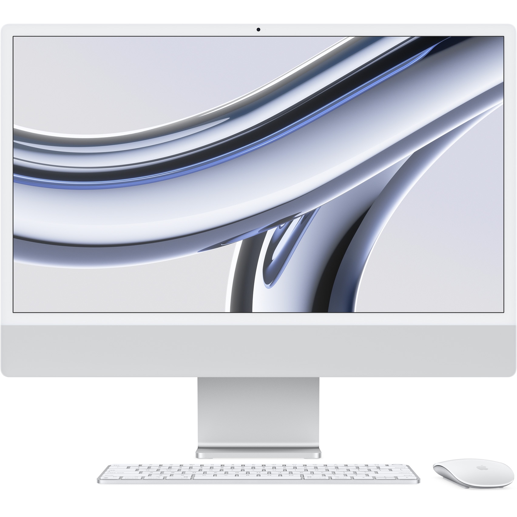 Fotografie Sistem Desktop PC iMac 24" cu procesor Apple M3, 8 nuclee CPU si 8 nuclee GPU, 24", Retina 4.5K, 16GB, 256GB SSD, Silver, INT KB