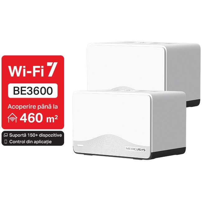 Fotografie Sistem Mesh Wi-Fi Mercusys Halo H27BE(2-pack), BE3600, Dual-Band, Wi-Fi 7, MLO, 1 x 2.5 Gbps port + 2 x 1 Gbps port, cu acoperire completa pentru casa