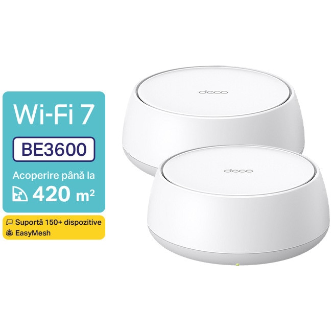 Fotografie Sistem Mesh Wi-Fi TP-Link Deco BE22(2-pack), BE3600, Dual-Band, Wi-Fi 7, MLO, HomeShield, cu acoperire pentru intreaga casa