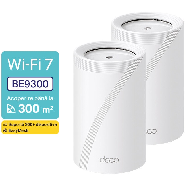 Fotografie Sistem Mesh Wi-Fi TP-Link Deco BE65(2-pack), BE9300, Tri-Band, Wi-Fi 7, MLO, HomeShield, 4 porturi 2.5G, cu acoperire pentru intreaga casa