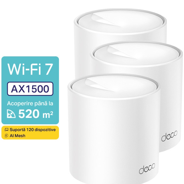 Fotografie Sistem Mesh Wi-Fi TP-Link Deco X10 (3-pack), AX1500, Dual-Band Wi-Fi 6, cu acoperire completa pentru casa, Seamless Roaming, Self-Healing, Adaptive Path, Antivirus, Control Parental si Control Vocal