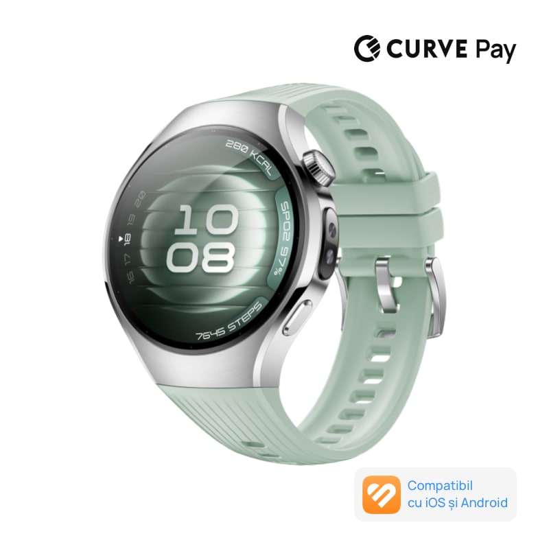 Fotografie Smartwatch HUAWEI Watch 5 42mm, Stainless Steel Case with Light Green Fluoroelastomer Strap, Health Glance, GPS
