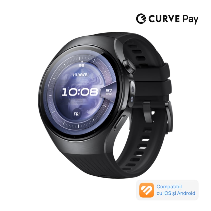 Fotografie Smartwatch HUAWEI Watch 5 46mm, Black Stainless Steel Case with Black Fluoroelastomer Strap, Health Glance, GPS