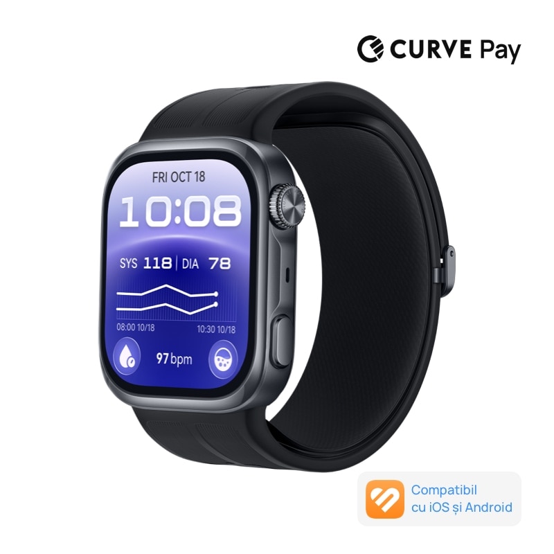 Fotografie Smartwatch Huawei Watch D3, Carcasa Aluminiu, Curea Silicon Black, Monitorizarea Tensiunii Arteriale