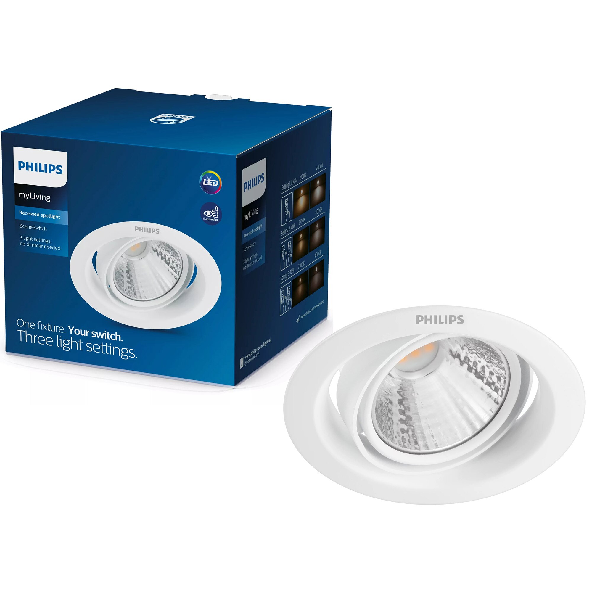 Fotografie Spot LED incastrabil Philips Pomeron, 5W, 330 lm, intensitate luminoasa reglabila, lumina calda (2700K), IP20