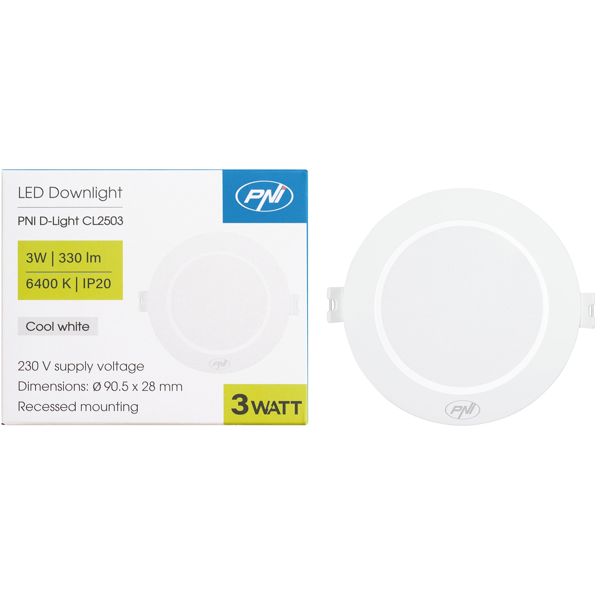 Fotografie Spot LED PNI D-Light CL2503 3W, incastrabil, rotund 9 cm, 6400K, alimentare 230V, 330 lm, alb rece