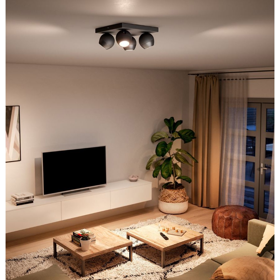 Fotografie Spot luminos cvadruplu Philips Buckram Hue, ZigBee Light Link, Bluetooth, 4xGU10, 5W (50W), 350 lm, lumina ambianta alba (2200-6500K), Negru, Intrerupator cu variator inclus, clasa energetica G