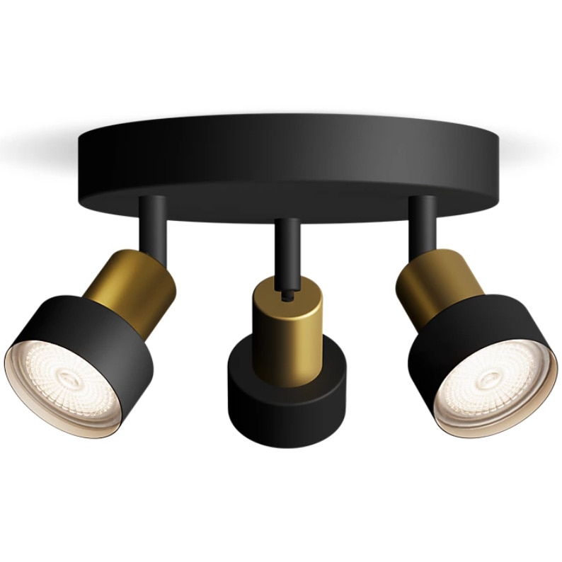 Fotografie Spot Philips Conduit, 3xGU10, max. 5W, montare plafon/perete, IP20, 9x22x20 cm, Metal, Negru/Alama