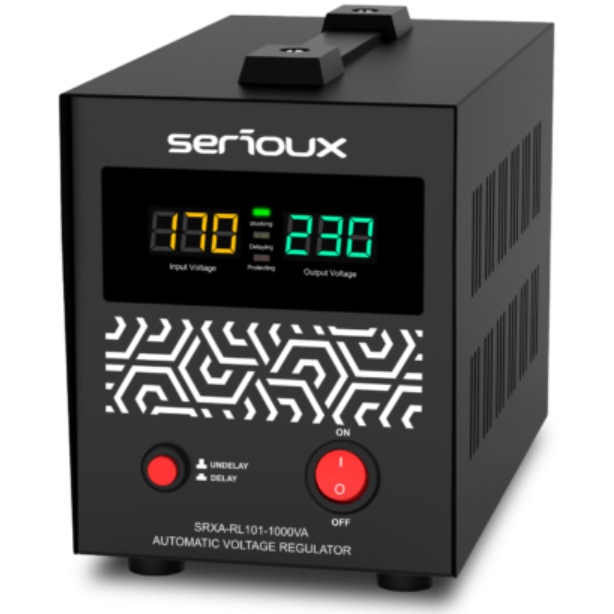 Fotografie Stabilizator de tensiune cu releu Serioux SRXA-RL101-1000VA, 1000VA, IP20, protectie tensiune scazuta, supratensiune, scurtcircuit,supraincalzire