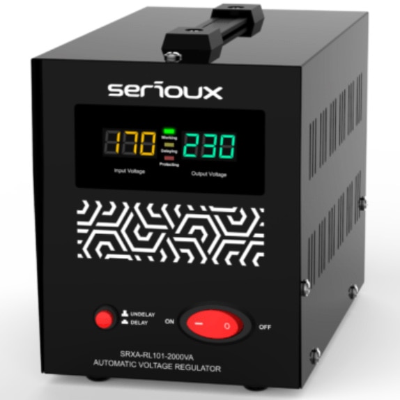 Fotografie Stabilizator de tensiune cu releu Serioux SRXA-RL101-2000VA, 2000VA, IP20, protectie tensiune scazuta, supratensiune, scurtcircuit,supraincalzire