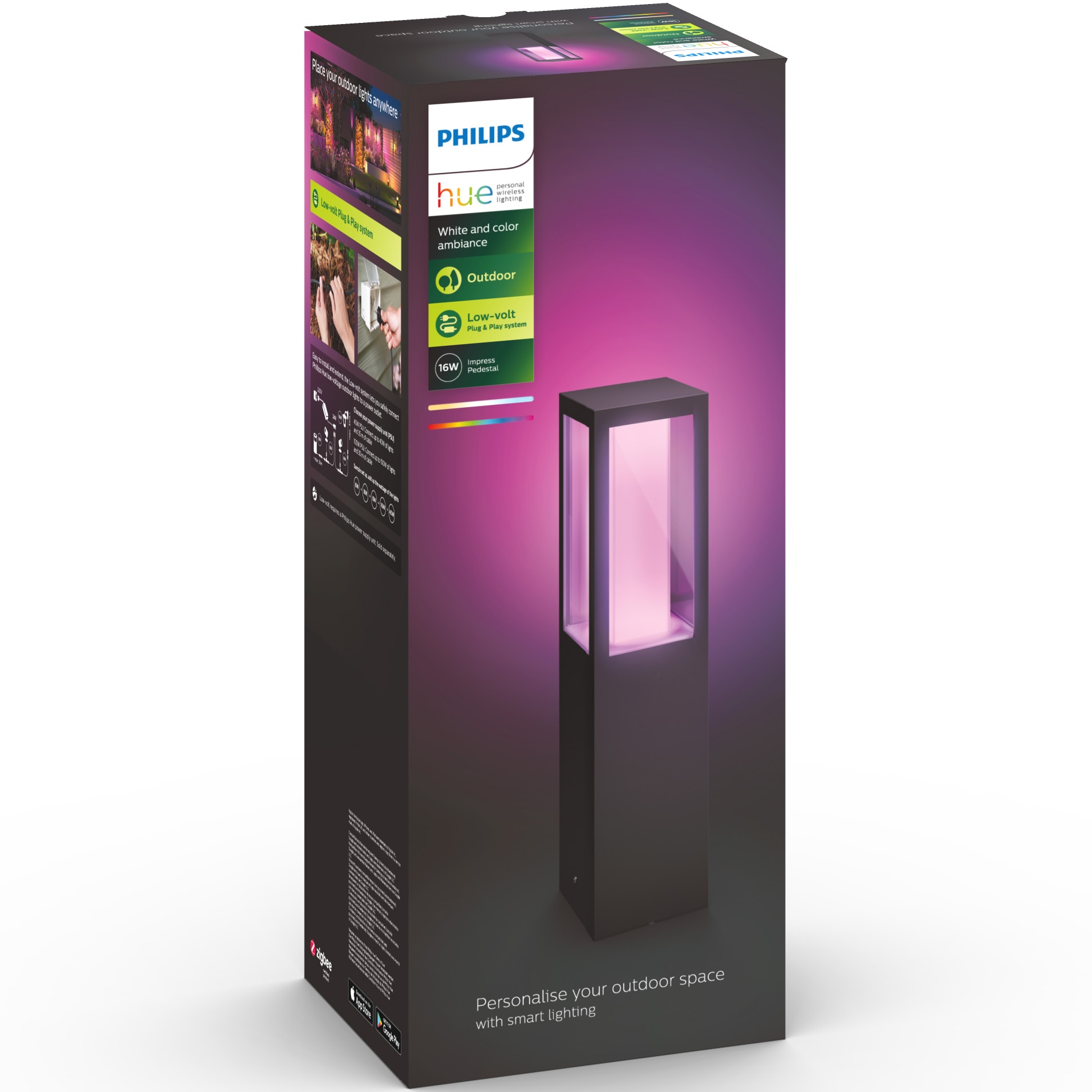 Fotografie Stalp iluminat exterior LED RGBW integrat Philips Impress HUE, control inteligent cu Hue Bridge, 2x8W, 1200 lm, lumina alba/color, IP44, 40 cm, metal/sticla, Negru, clasa energetica G