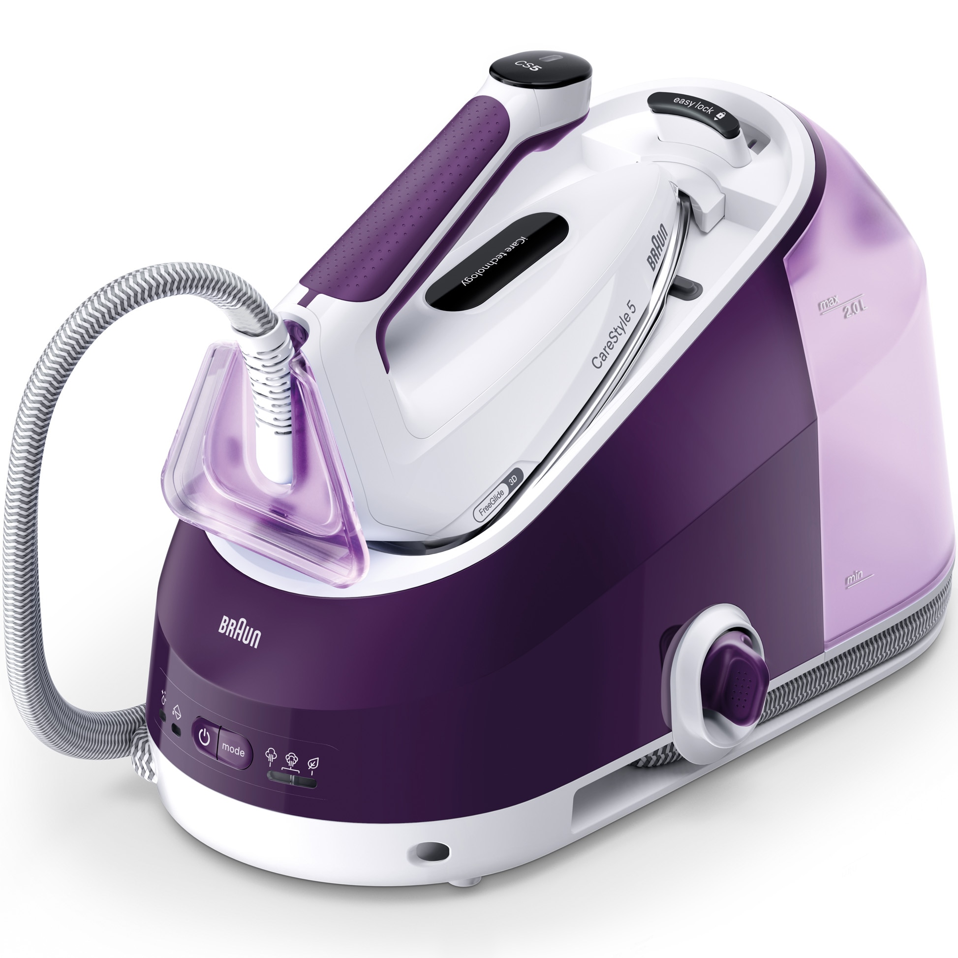 Fotografie Statie de calcat Braun CareStyle 5 IS5247VI, 2400W, 7.5 bari, abur variabil 145g/min, jet de abur 500g/min, rezervor detasabil 2L, tehnologie iCare, tehnologie FreeGlide, talpa EloxalPlus, sistem Ultimate FastClean, oprire automata, violet