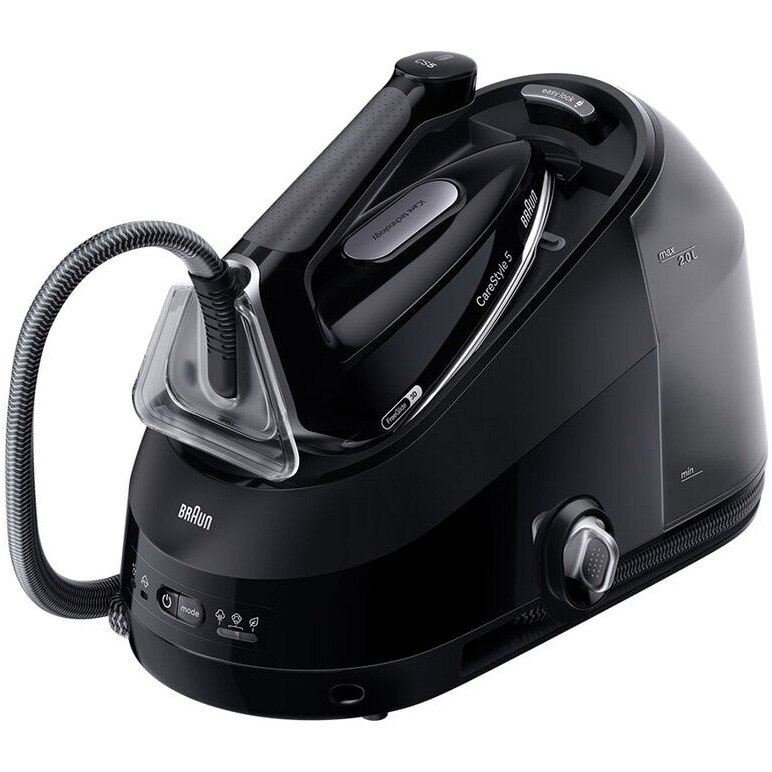 Fotografie Statie de calcat Braun CareStyle 5 IS5249BK, 2400W, 7.5 bari, abur variabil 150g/min, jet de abur 510g/min, rezervor detasabil 2L, tehnologie iCare, tehnologie FreeGlide, talpa EloxalPlus, sistem decalcifiere Ultimate FastClean, oprire automata, negru