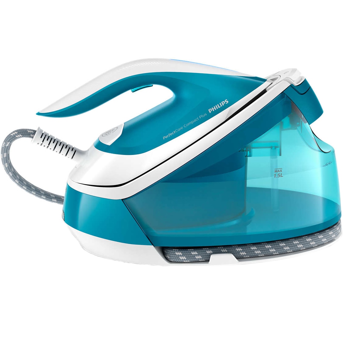 Fotografie Statie de calcat cu abur Philips PerfectCare Compact Plus GC7920/20, 2400W, 6.5 bari, jet de abur continuu 120 g / min, jet de abur 430 g, talpa SteamGlide Plus, tehnologie OptimalTemp, sistem de detartrare Smart Calc Clean, albastru