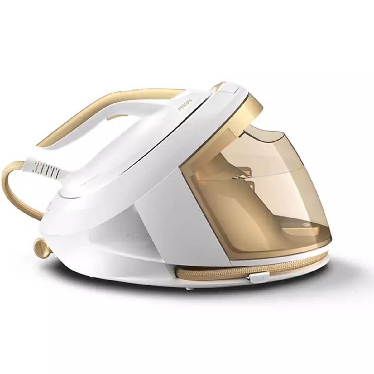Fotografie Statie de calcat cu abur Philips PerfectCare seria 8000 PSG8040/60, 2700W, Tehnologie Optimal Temp, 8 bari, Jet de abur 170g/min, Functie Easy De-calc plus, Talpa fier SteamGlide Elite, Oprire automata, Rezervor de apa 1.8L, alb&auriu