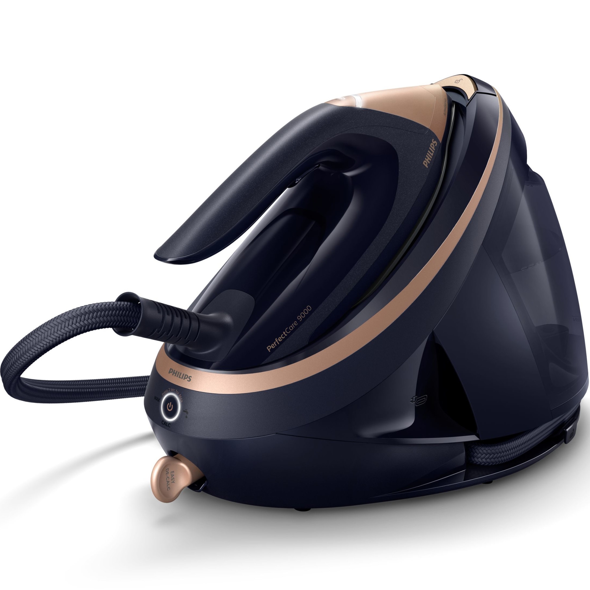 Fotografie Statie de calcat cu abur Philips PerfectCare seria 9000 PSG9050/20, 3100W, 9 bari, jet de abur continuu 190g/min, jet de abur 750g, talpa SteamGlide Elite, tehnologie ActiveSense, capacitate rezervor 1.8l, Auriu/negru