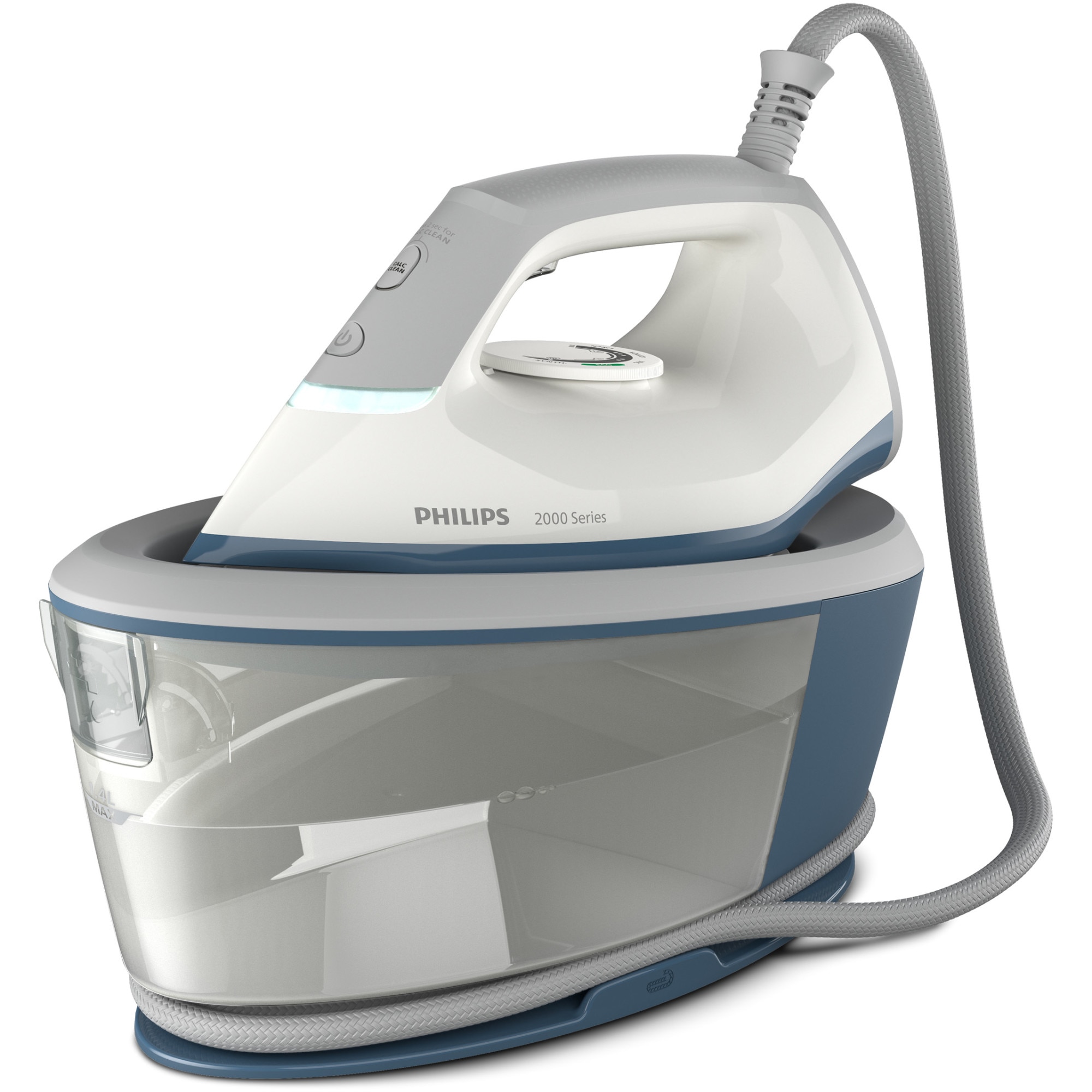 Fotografie Statie de calcat cu abur Philips seria 2000 PSG2000/20, 2400 W, 6 bari, jet de abur continuu 110 g/min, Jet de abur de 300 g, Talpa ceramica, Rezervor de apa 1.4 l, Oprire automata, sitem de detartrare Smart Calc Clean