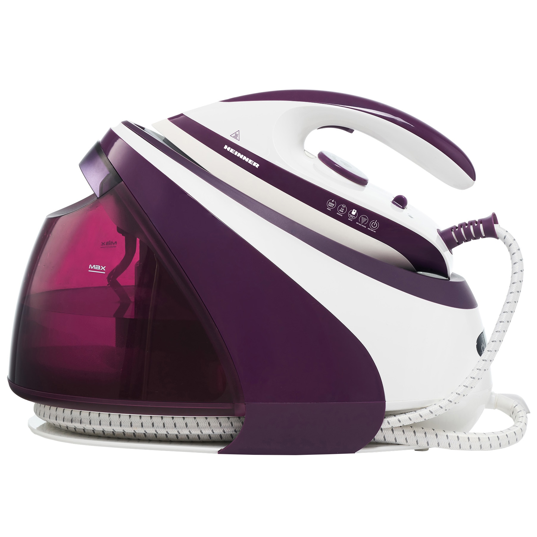 Fotografie Statie de calcat cu boiler Heinner HIS-D3007IX, 3000 W (1600W boiler + 1400W fier), 7 bar, 1.8 L, Abur ajustabil: 140+/-15g/min talpa ceramica, oprire automata, Violet