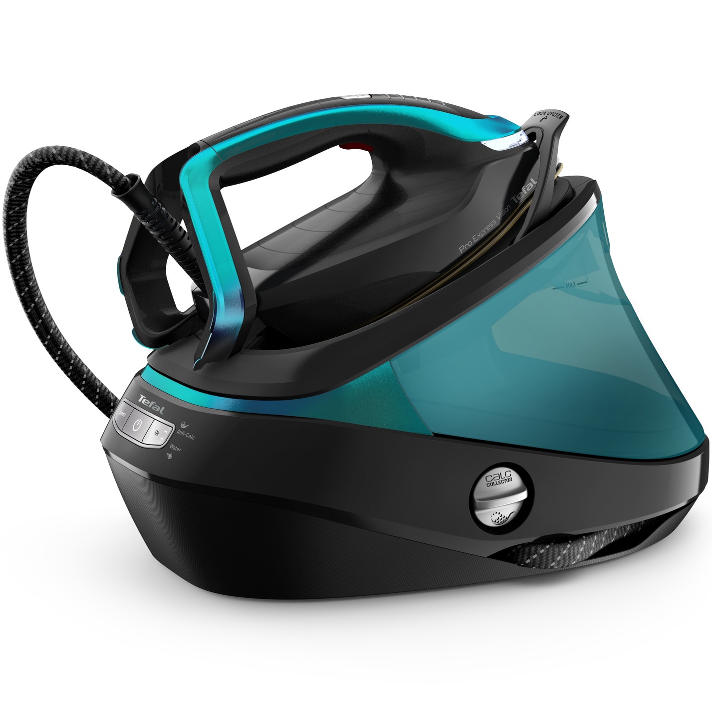 Fotografie Statie de calcat Tefal Pro Express Vision GV9822E1, 3000W, 9 bari, jet de aburi 750 g/min, abur variabil 180 g/min, talpa Durilium Airglide Autoclean, rezervor apa 1.2L, oprire automata, negru & albastru