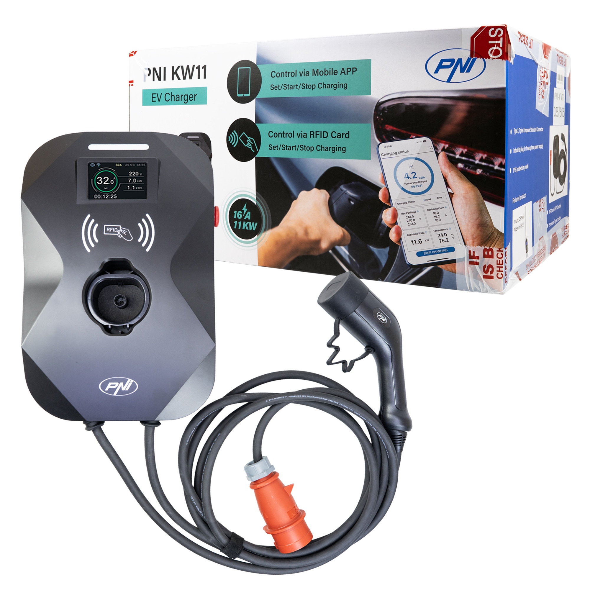 Fotografie Statie de incarcare PNI KW11, 16A, 11KW, pentru masini electrice, 85V - 415V, trifazat, cablu Type 2 si conector 7 pini IEC62196, ecran 3.5 inch, cu Bluetooth, control din aplicatie, activare incarcare prin aplicatie si card RFID, IP55